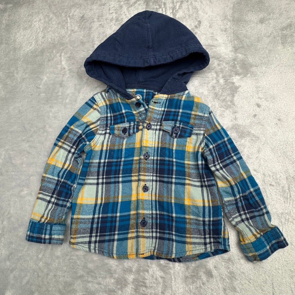 Boys Blue Yellow Plaid Hooded‎ Flannel Button Up Layering Shirt Shacket 3T